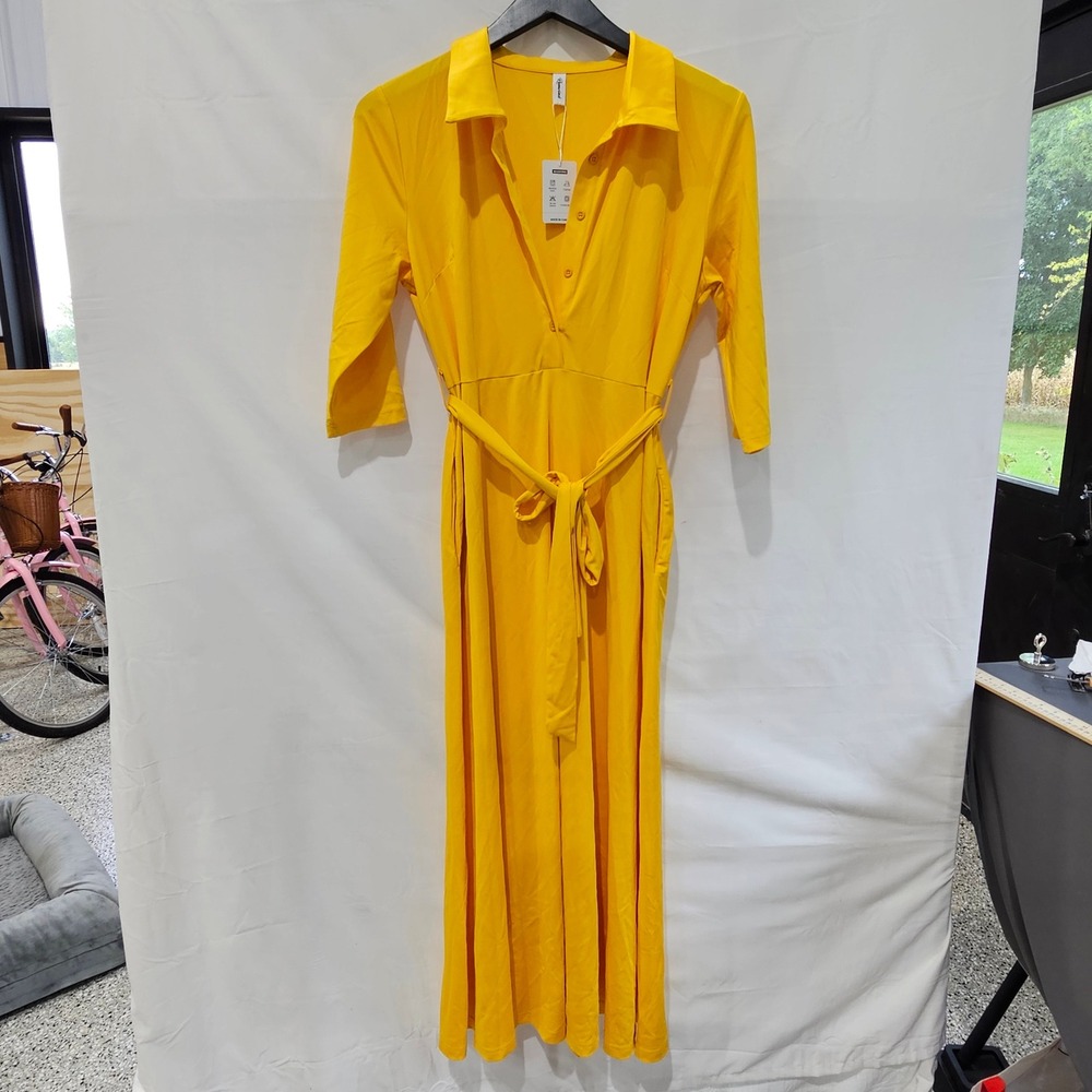 New Runwind Size L Yellow 3/4 Sleeve Collared Belted Maxi Dress Pockets NWT